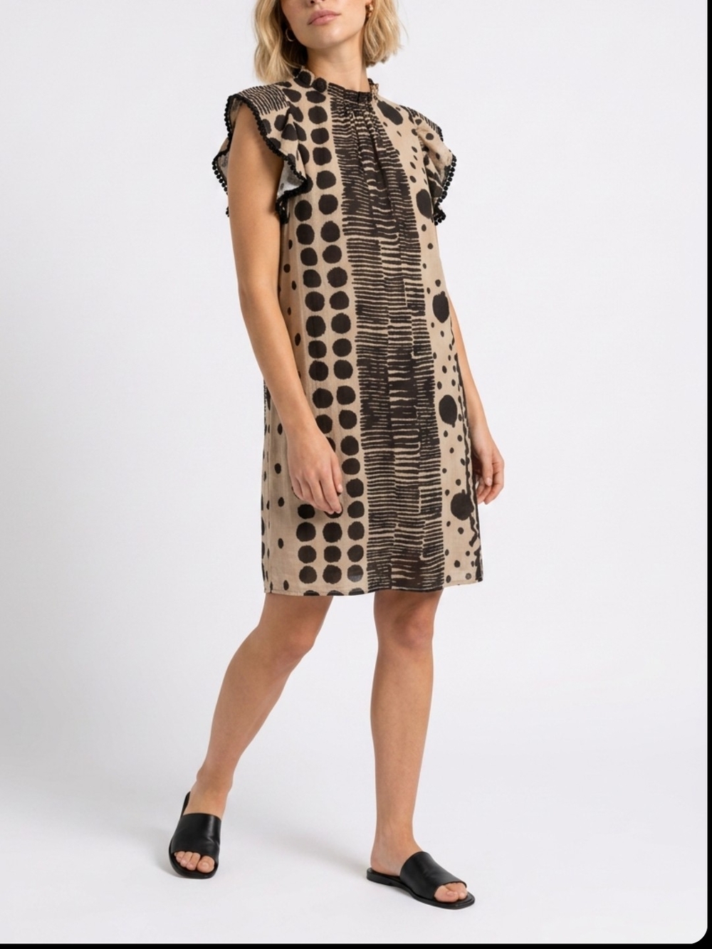 THML Beige and Black Graphic Flutter Sleeve Shift Dress